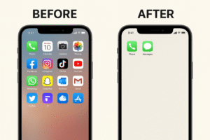 Before-and-after photo of a cluttered vs. minimalist phone screen.