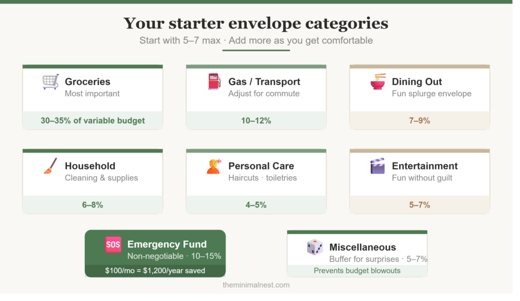 cash envelope system categories labeled for beginner budget including groceries and emergency fund