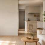 minimalist small apartment living room with neutral furniture