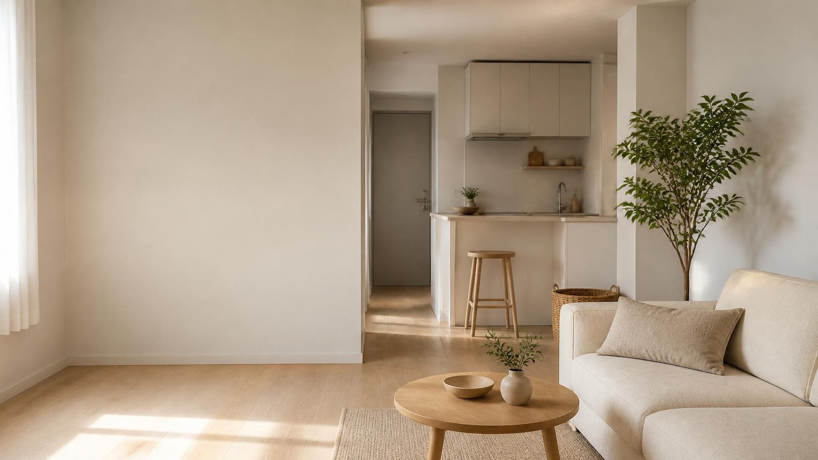 minimalist small apartment living room with neutral furniture